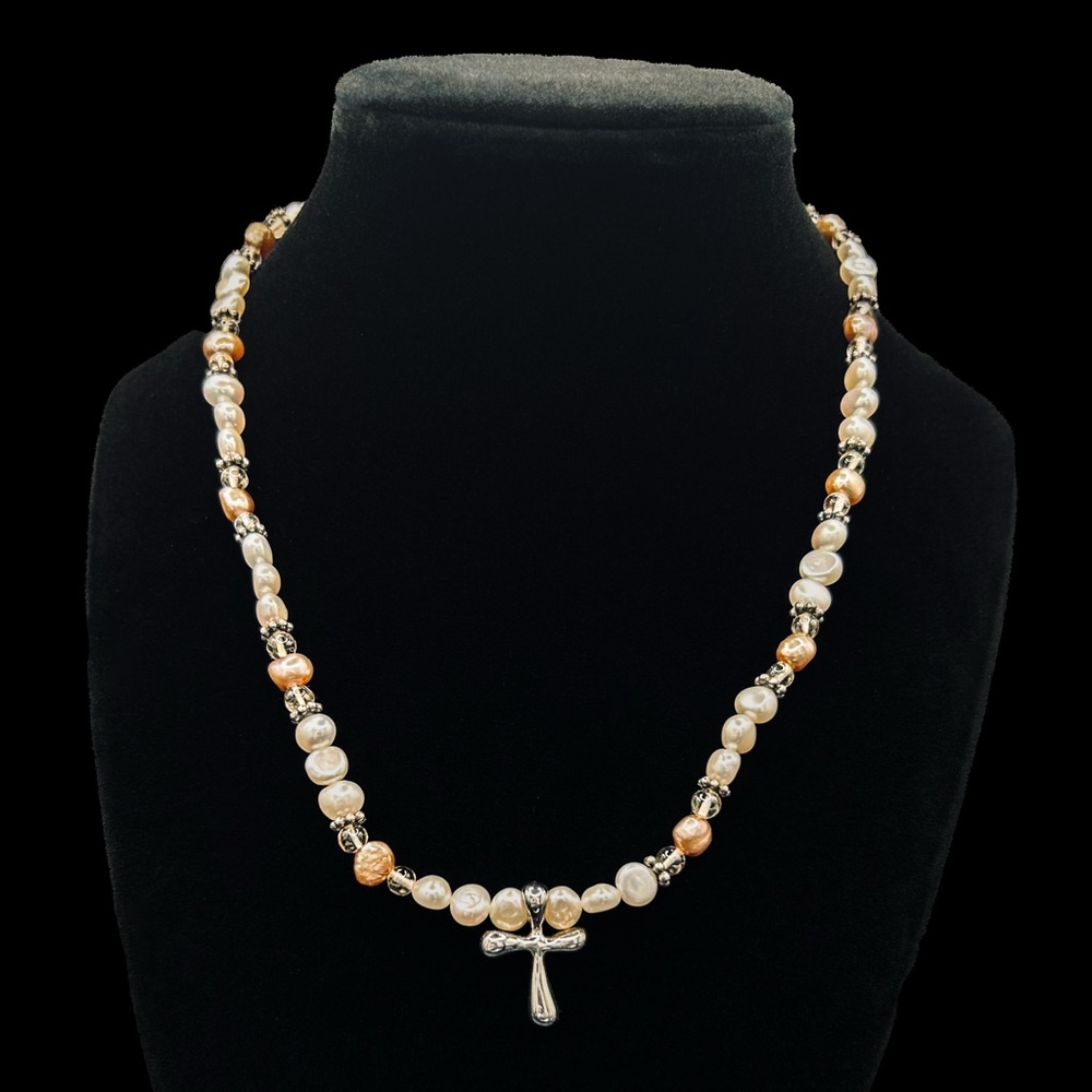 Vintage Sterling Silver Cross & Multi-Color Freshwater Pearl Necklace